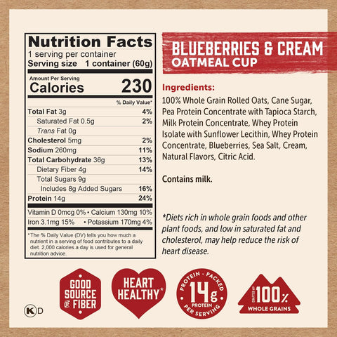 Kodiak Oatmeal Cups Blueberries & Cream, High Protein, Whole Grains, 12pk