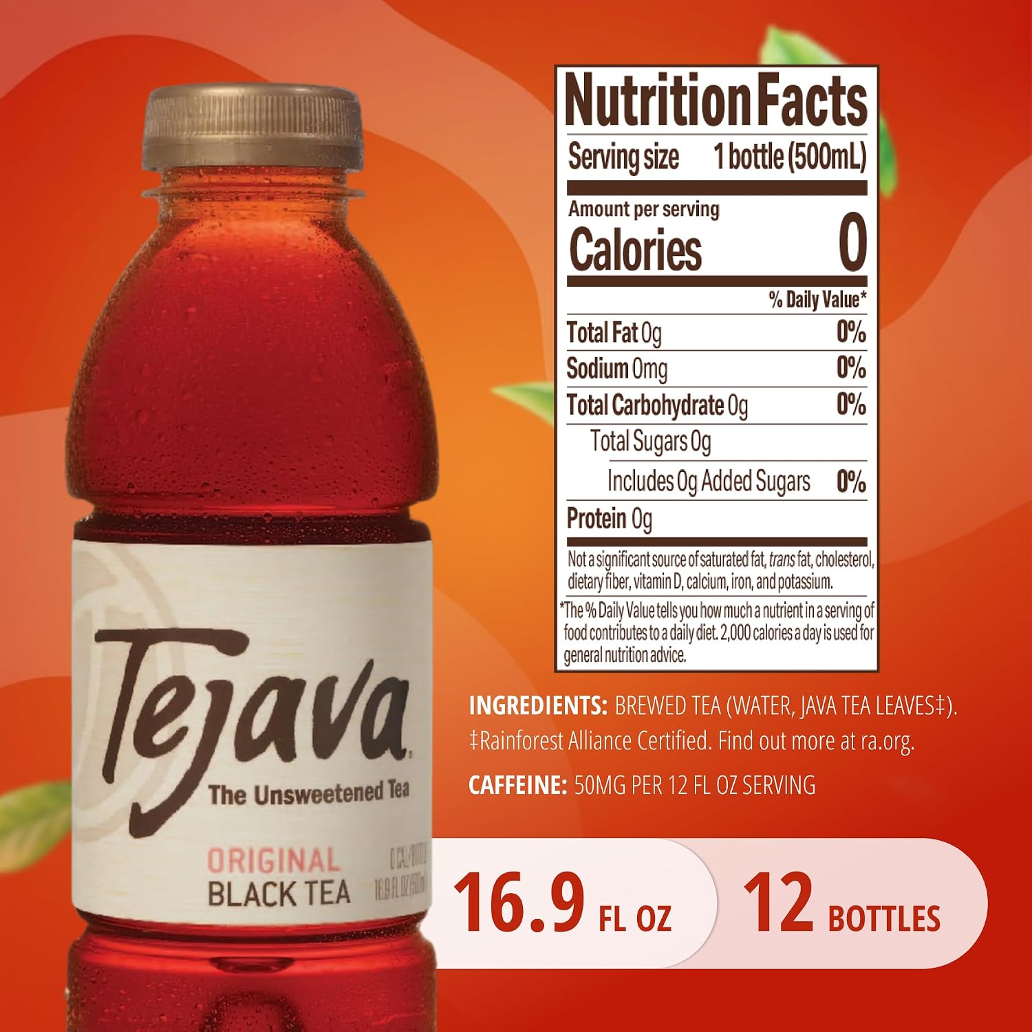 Tejava Original Unsweetened Black Iced Tea, 16.9 fl oz, Pack of 12 | BPA-Free 30% rPET Bottles, Java Black Tea Leaves, No Sugar, No Sweeteners, 33 mg Caffeine Per 8 Oz