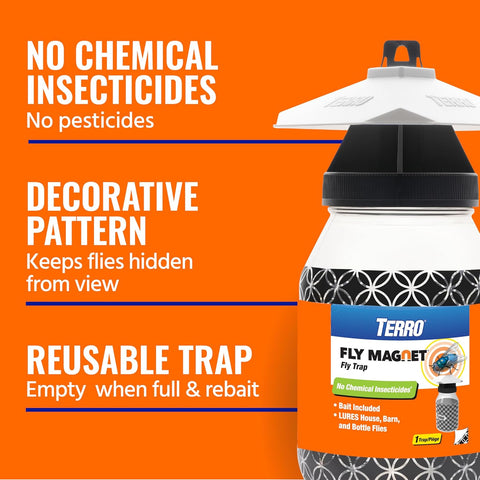TERRO Fly Magnet Trap, Reusable Poison-Free Outdoor Fly Catcher with Bait