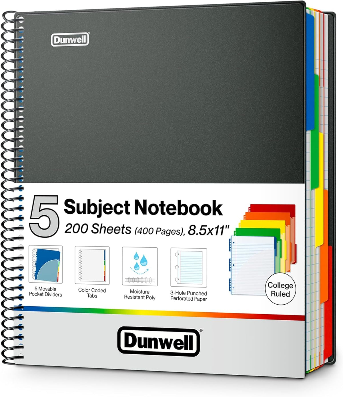 Dunwell 5-Subject Notebook 8.5x11, College Ruled, 200 Sheets, Black