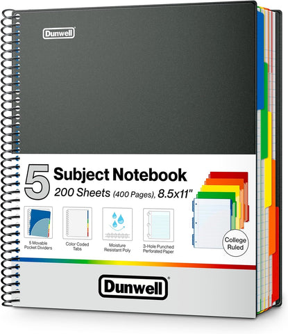 Dunwell 5-Subject Notebook 8.5x11, College Ruled, 200 Sheets, Black