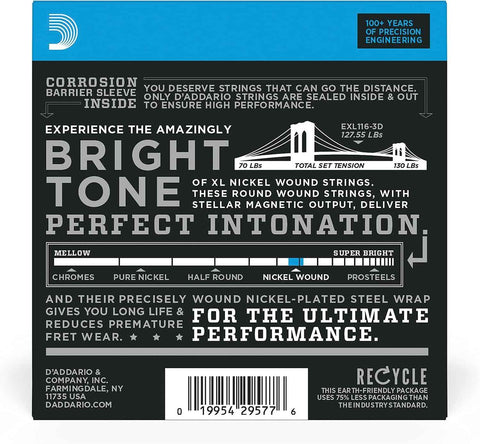 D'Addario XL Nickel EXL116-3D Electric Guitar Strings, 11-52, 3 Sets