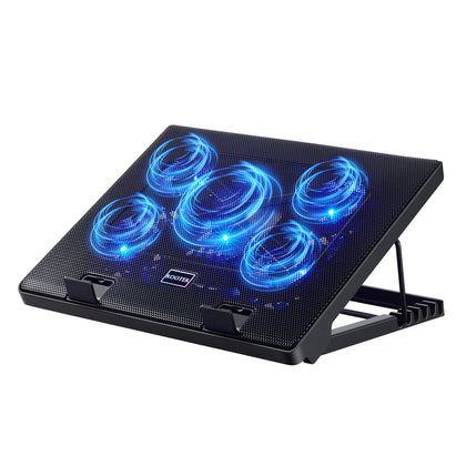 Kootek blue laptop cooling pad with five fans and an adjustable stand
