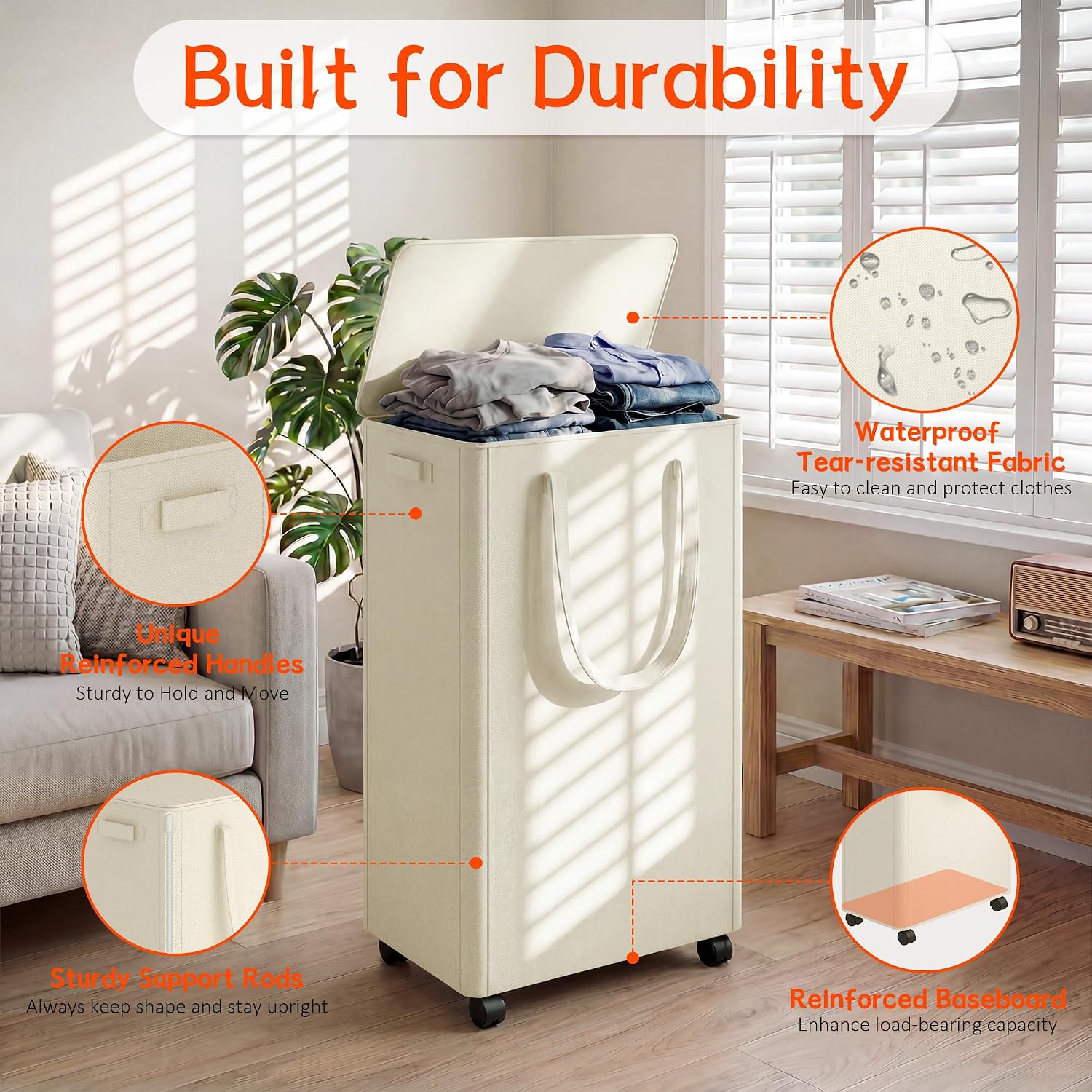 Slim Laundry Hamper with Wheels,18 Gal (70L) Rolling Laundry Basket with lid and wheels Clothes Hamper Foldable Tall Dirty Clothes Basket Sturdy Collapsible Clothes Hamper for Dorm,Laundry Room