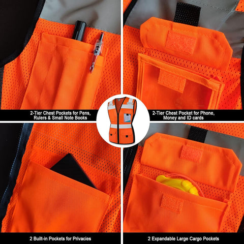 TCCFCCT Safety Vest for Women 11 Pockets Mesh Reflective Vest, Orange XXL
