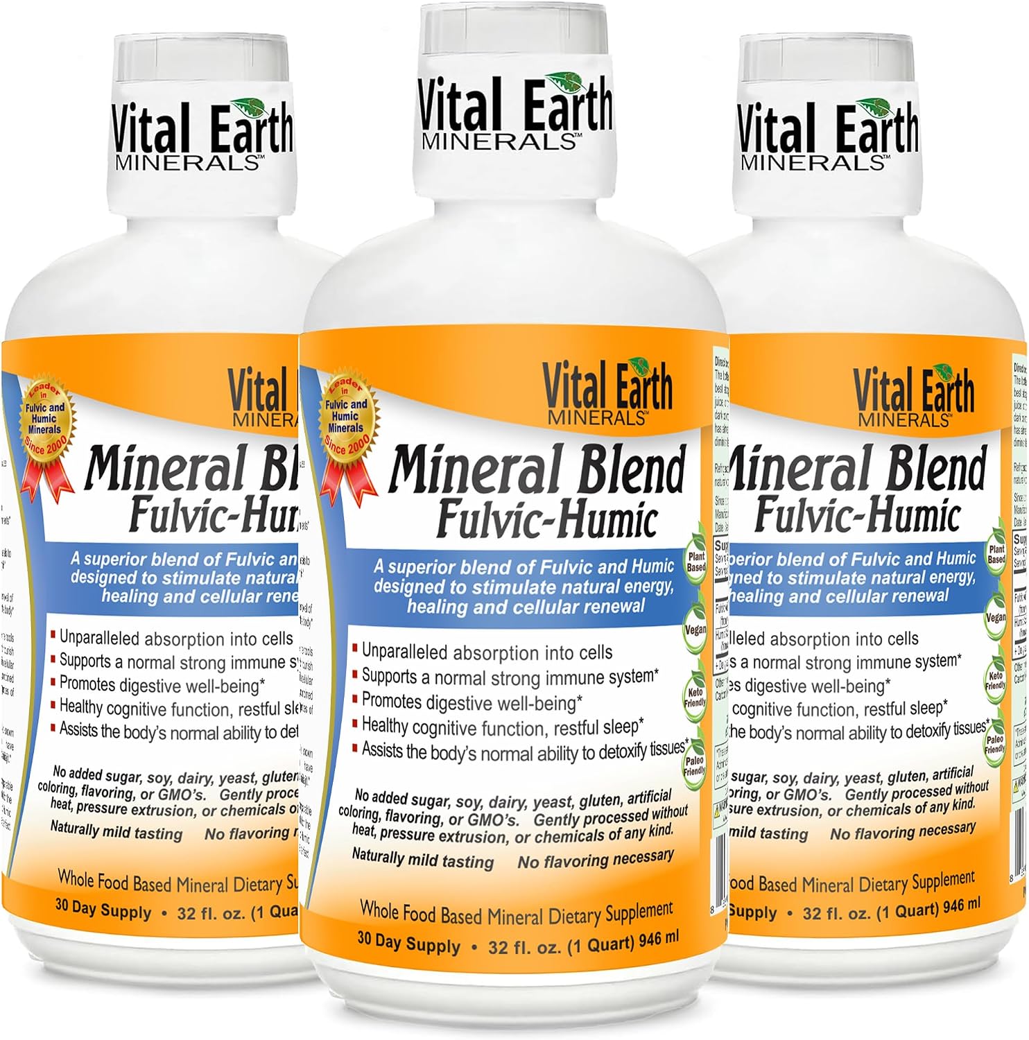 Vital Earth Minerals Fulvic Humic Mineral Blend Liquid 3-Pack – Fulvic Acid Supplement with 70+ Trace Minerals, Electrolytes for Recovery, Balance & Energy, 32 Oz Ea + 1 Oz Cup Ea