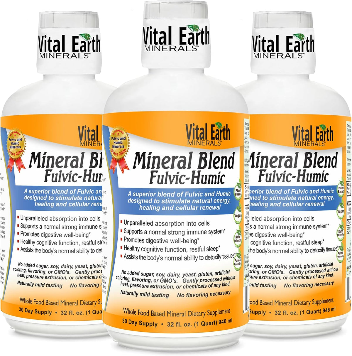 Vital Earth Minerals Fulvic Humic Mineral Blend Liquid 3-Pack – Fulvic Acid Supplement with 70+ Trace Minerals, Electrolytes for Recovery, Balance & Energy, 32 Oz Ea + 1 Oz Cup Ea