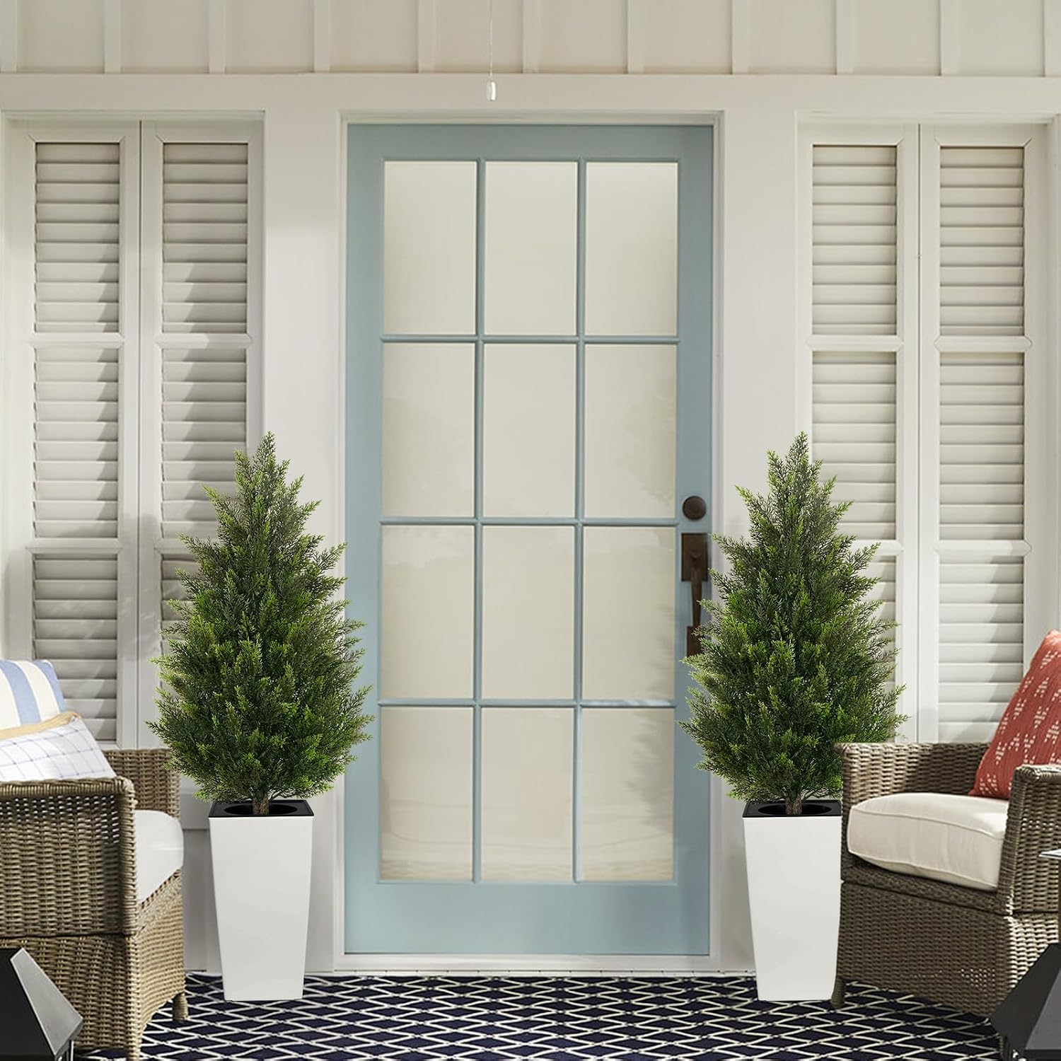 4FT Tall 2 Pack Artificial Cedar Topiary Trees with Compact Pyramidal Shape, Realistic Faux Cypress in Square White Pot with Fillable Water Bag, Outdoor Evergreen for Front Porch Garden Home Decor