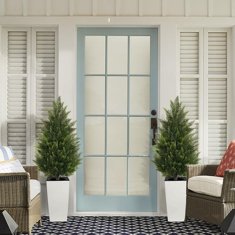 4FT Tall 2 Pack Artificial Cedar Topiary Trees with Compact Pyramidal Shape, Realistic Faux Cypress in Square White Pot with Fillable Water Bag, Outdoor Evergreen for Front Porch Garden Home Decor