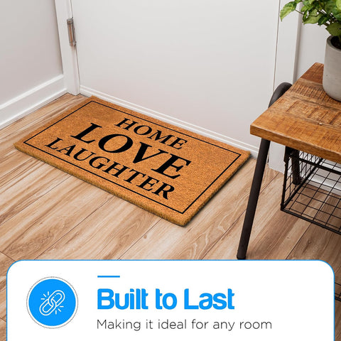 PLUS Haven Coconut Coir Home Entrance Door Mat – 17.5" x 30" | Home Love Laughter Heavy-Duty Doormat for Indoor & Outdoor Use | Durable & Eco-Friendly