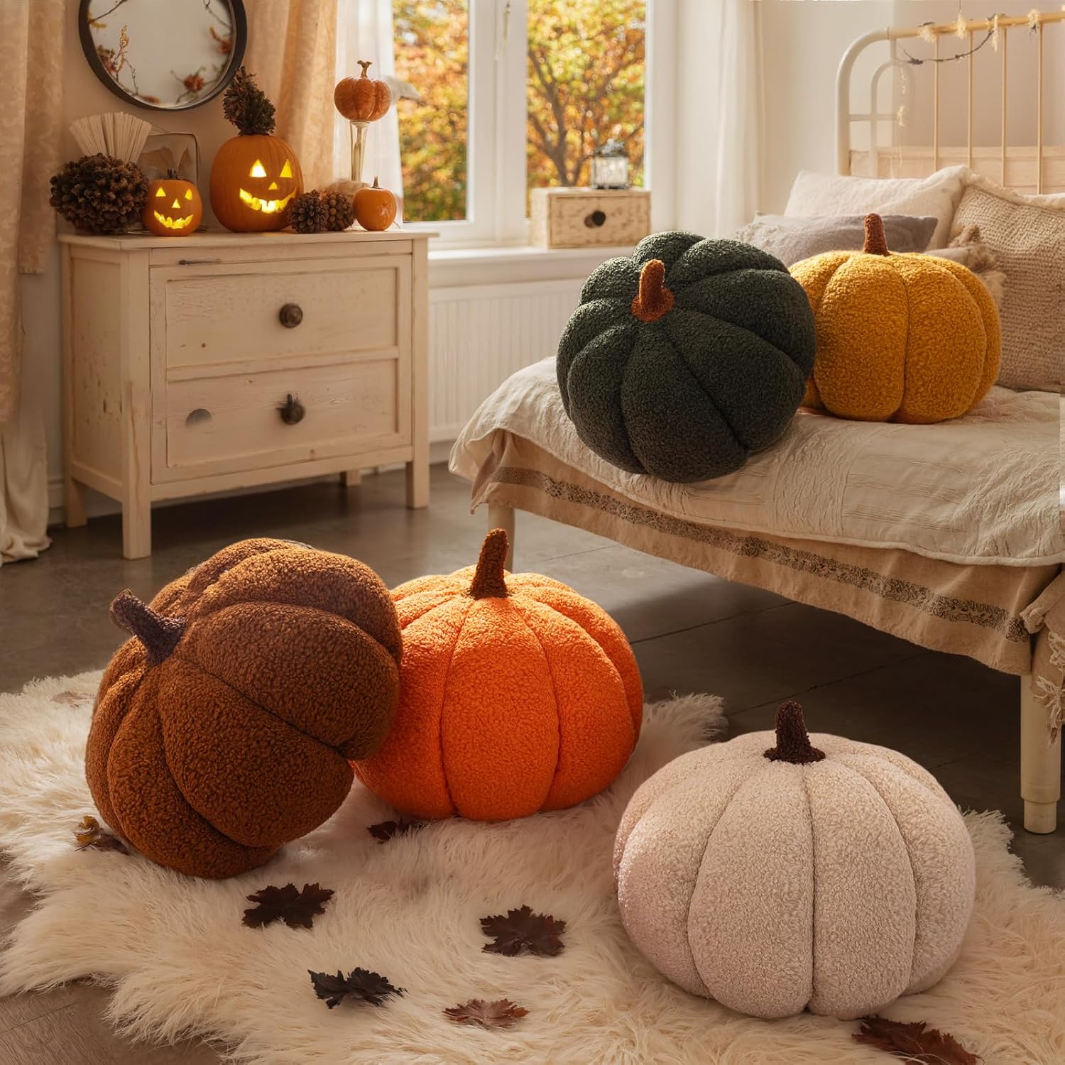 Lanpn Fall Pumpkin Pillows Set of 2, Halloween Decoration Decorative Throw Pillows Soft Fleece Sherpa Cute 3D Shaped Cushion for Sofa Couch Bedroom Halloween Thanksgiving Decor (Orange, 14.2x10.2in)