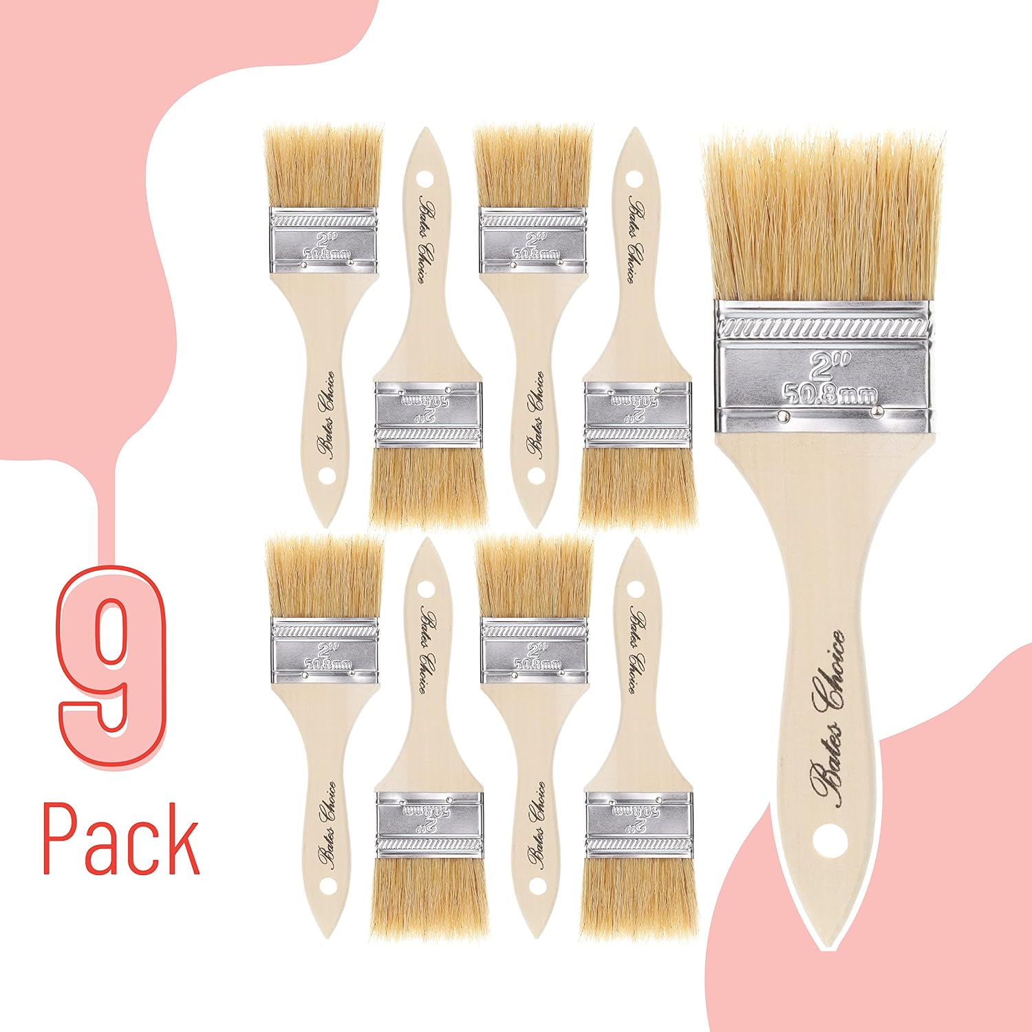 Bates- Chip Paint Brushes, 2 Inch, 9 Pack, Natural Bristle with Wood Handle