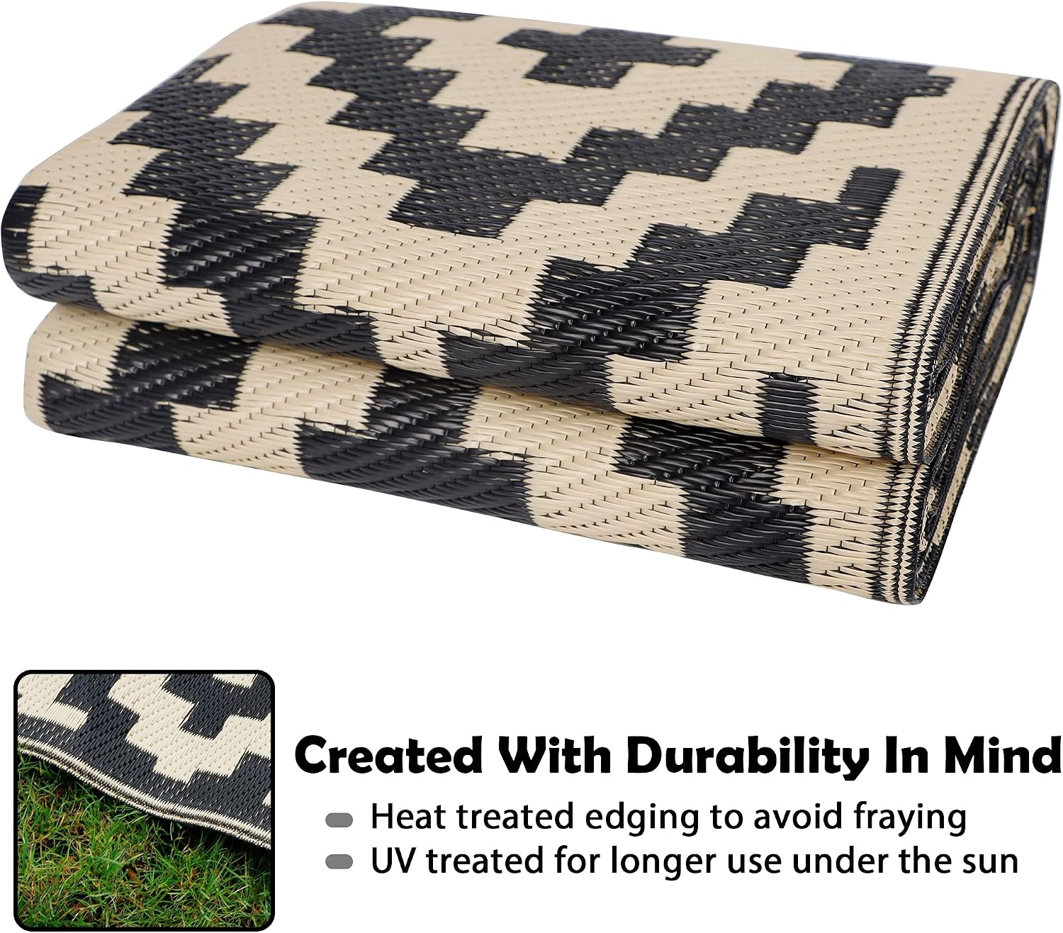 SAND MINE Waterproof Outdoor Rug 5x8 ft, Plastic Reversible Rug, Modern Area Rug, Large Floor Mat for Outdoors, RV, Patio, Backyard, Deck, Picnic, Beach, Camping, Black & Beige
