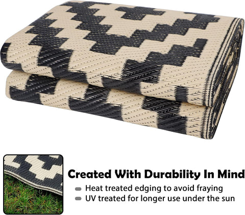 SAND MINE Waterproof Outdoor Rug 5x8 ft, Plastic Reversible Rug, Modern Area Rug, Large Floor Mat for Outdoors, RV, Patio, Backyard, Deck, Picnic, Beach, Camping, Black & Beige