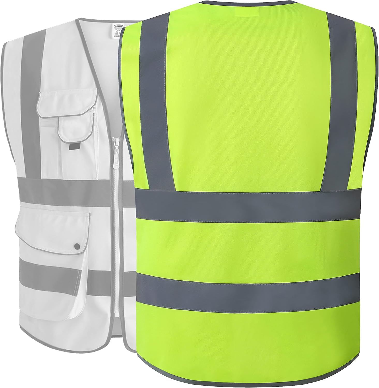 JKSafety 9 Pockets Class 2 High Visibility Zipper Front 6 Pack Safety Vest With Reflective Strips,Meets ANSI/ISEA Standard （155 Yellow M