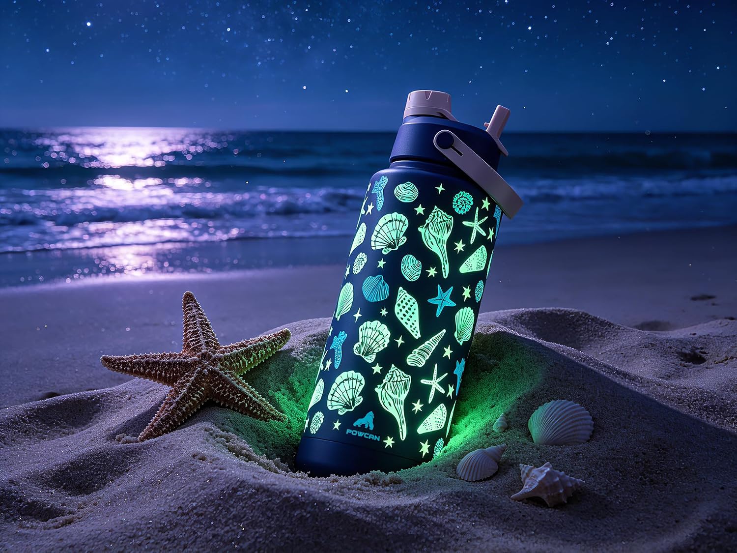 POWCAN 40 oz Insulated Water Bottle with 2-in-1 Straw and Spout Lid, Glow-in-the-Dark, 24H Cold, Leakproof, BPA-Free, Double Wall Stainless Steel for Sports, Gym, Travel, and School (Seashell Coast)