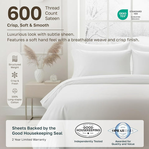 California Design Den Luxury 600 Thread Count Queen Sheets Set,Bright White