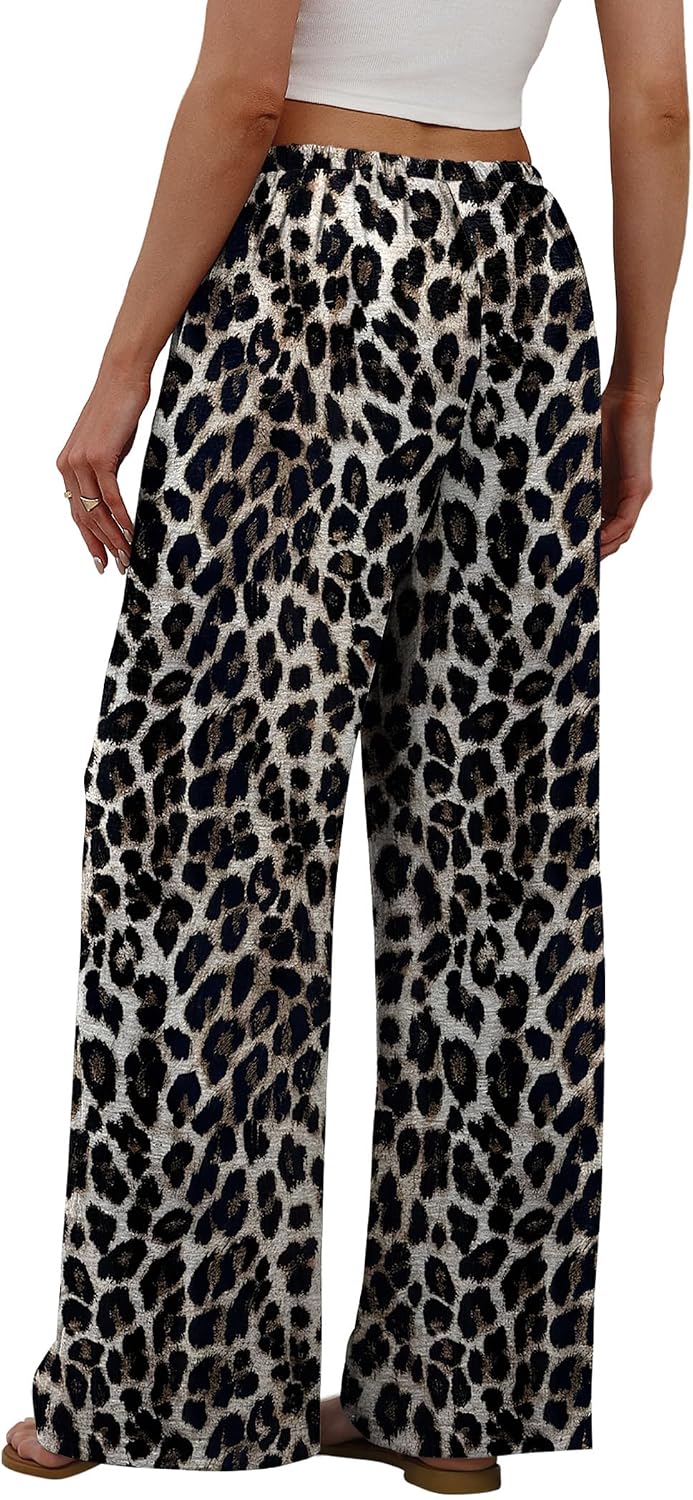 Sampeel Wide Leg Pants for Women Flowy Palazzo Drawstring Elastic Waist Trousers with Pockets Summer Beach Vacation Clothes
