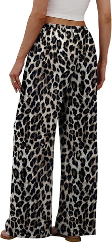 Sampeel Wide Leg Pants for Women Flowy Palazzo Drawstring Elastic Waist Trousers with Pockets Summer Beach Vacation Clothes