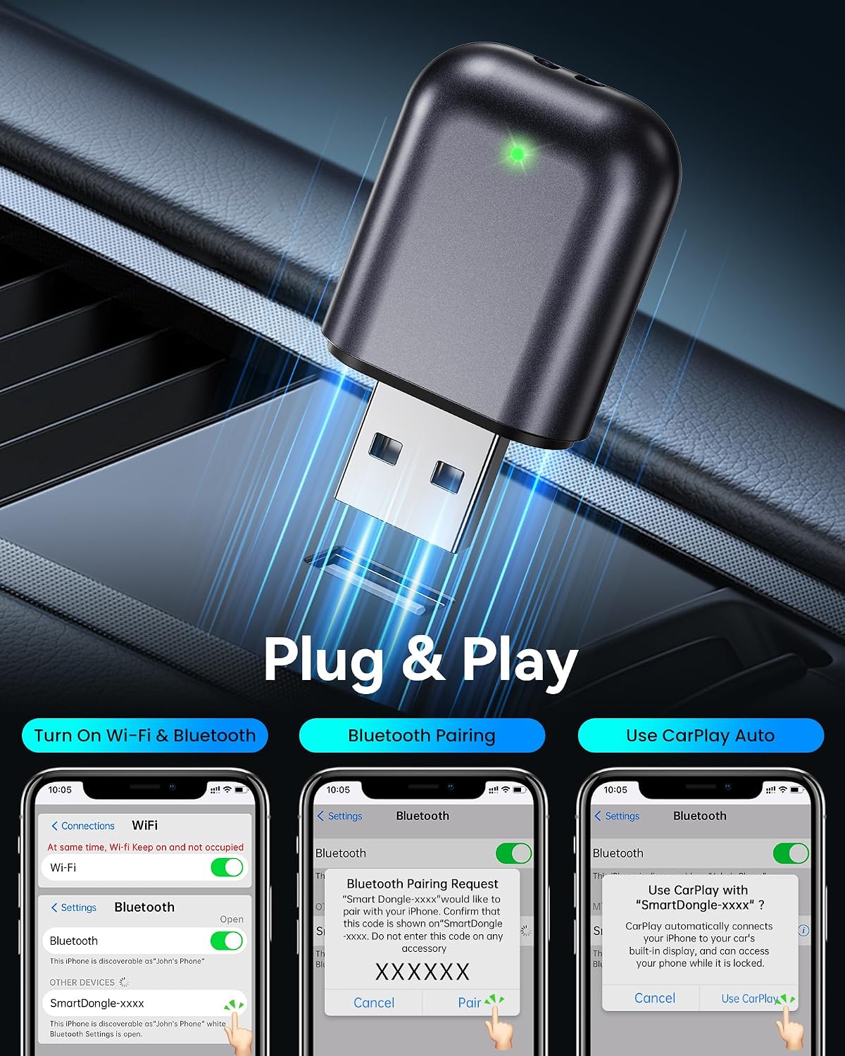 Burnt Sugar Wireless Carplay Adapter for iPhone 2026 Upgraded, Ultra-Mini USB for Apple Car Play Convert Wired to Wireless, Stable Low-Lag GPS Plug & Play for iOS 10+ & Cars from 2016+ (Jet Gray)