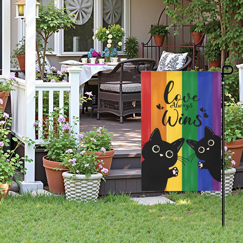 Pride Love Always Wins Garden Flags 12x18 Double Sided Rainbow Gay Lesbian Small Flags for Outside LGBT Pansexual Black Cat Decorations Yard Flags for Outdoor Lawn