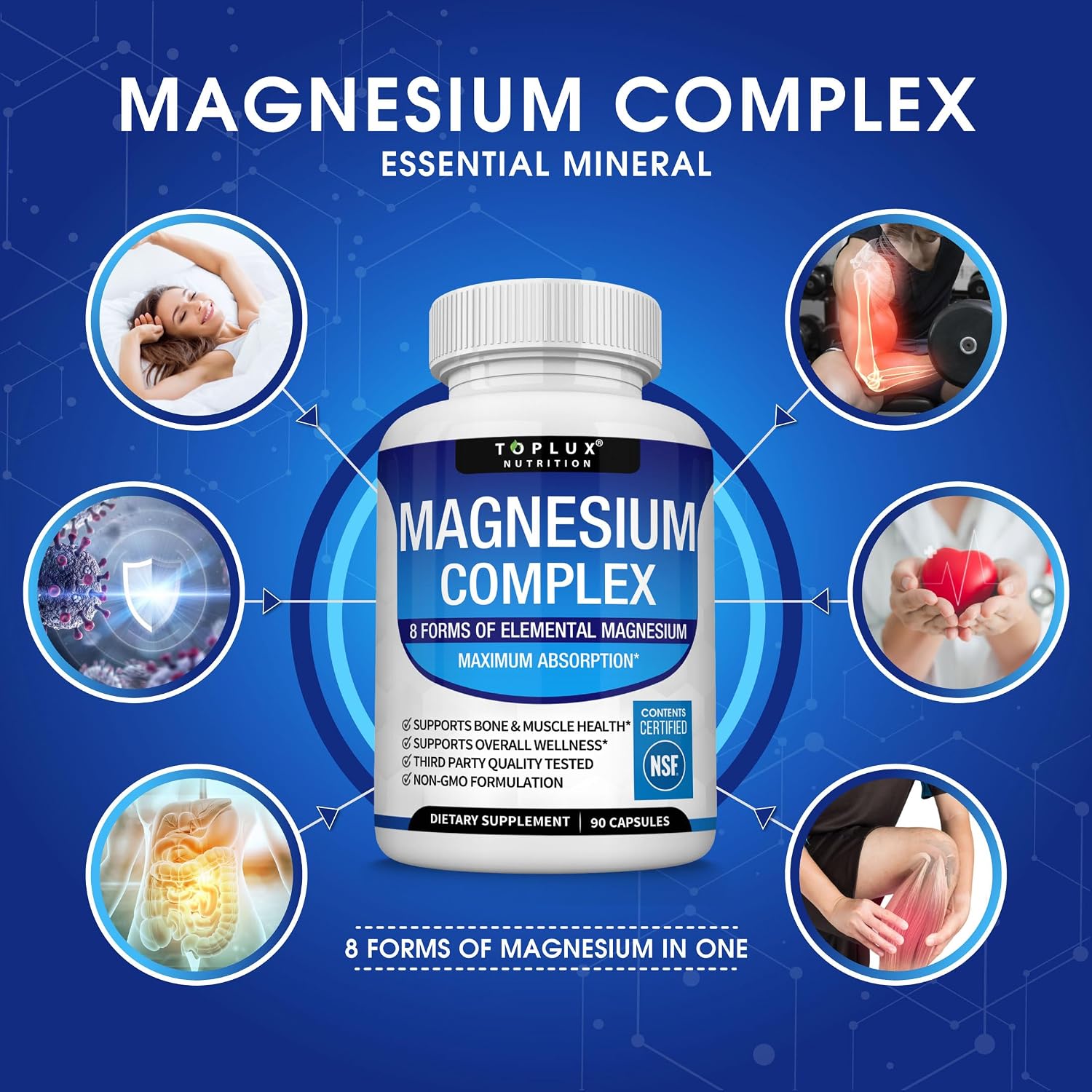 Toplux Magnesium Complex Supplement 8 Elemental - Magnesium Glycinate, Citrate, Malate, Taurate, Chelated for Easy Absorption for Bones, Muscle, Recovery, Energy, Vegan Non-GMO 90 Capsules