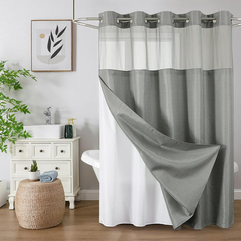 Colorful Star Waffle Weave No Hook Shower Curtain Set, 72 x 75 Inch, Grey