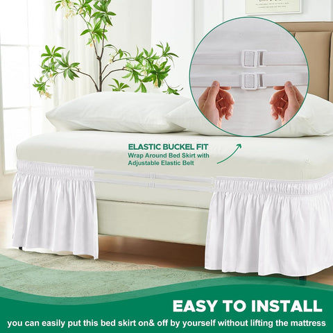 Wrap Around Bed Skirt King Size 15 Inch Drop-Elastic Dust Ruffle White