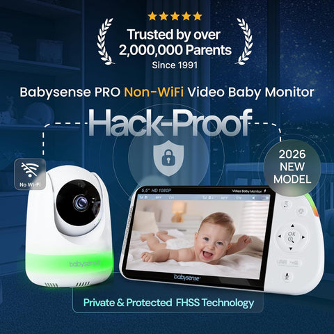 Babysense PRO Full HD 5.5" Split Screen Baby Monitor with 2 Cameras, 6-Color Night Light, White Noise, Sound & Light Machine, 20-Hour Battery, Hack-Proof Non-WiFi Secure Connection