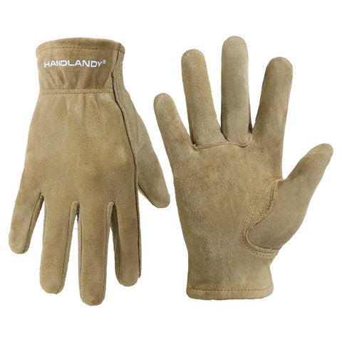 HANDLANDY Kids Leather Gardening Gloves, Kid Work Gloves, Khaki, L