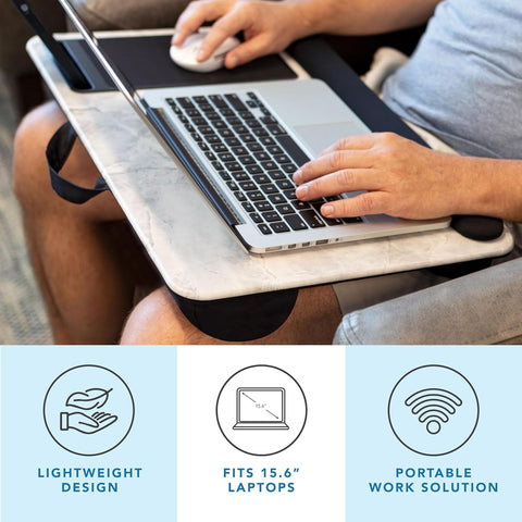 LAPGEAR Home Office Pro Lap Desk – White Marble, Fits 15.6” Laptops | Built-In Mouse Pad & Phone Slot, Wide Cushioned Wrist Rest, Dual-Bolster Microbead Cushion, Carry Handle