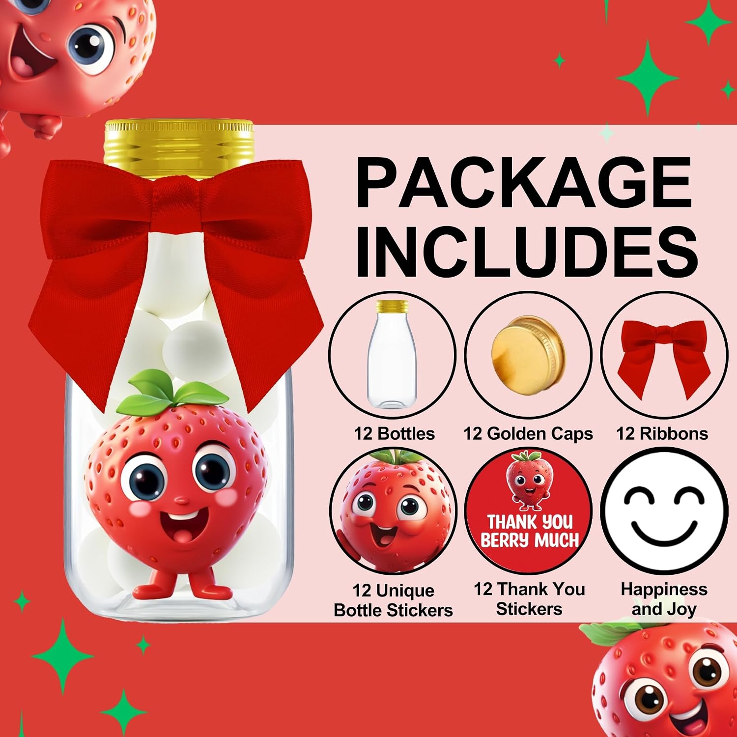 Ethisa 12 Pack Strawberry Party Favors - DIY Candy Jars with Ribbons and Sticker - Party Decoration Bottles for Berry First Birthday and Baby Shower - Table Centerpiece Gifts