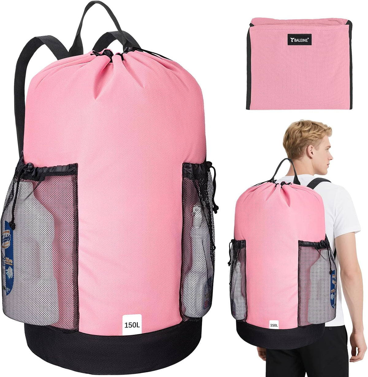 BALEINE 2PK 150L Laundry Bag Backpack, 900D Oxford Fabric Large Travel Laundry Bags with Shoulder Straps and 2 Mesh Pockets for College Dorm, Apartment, Laundromat (Pink, 150L)