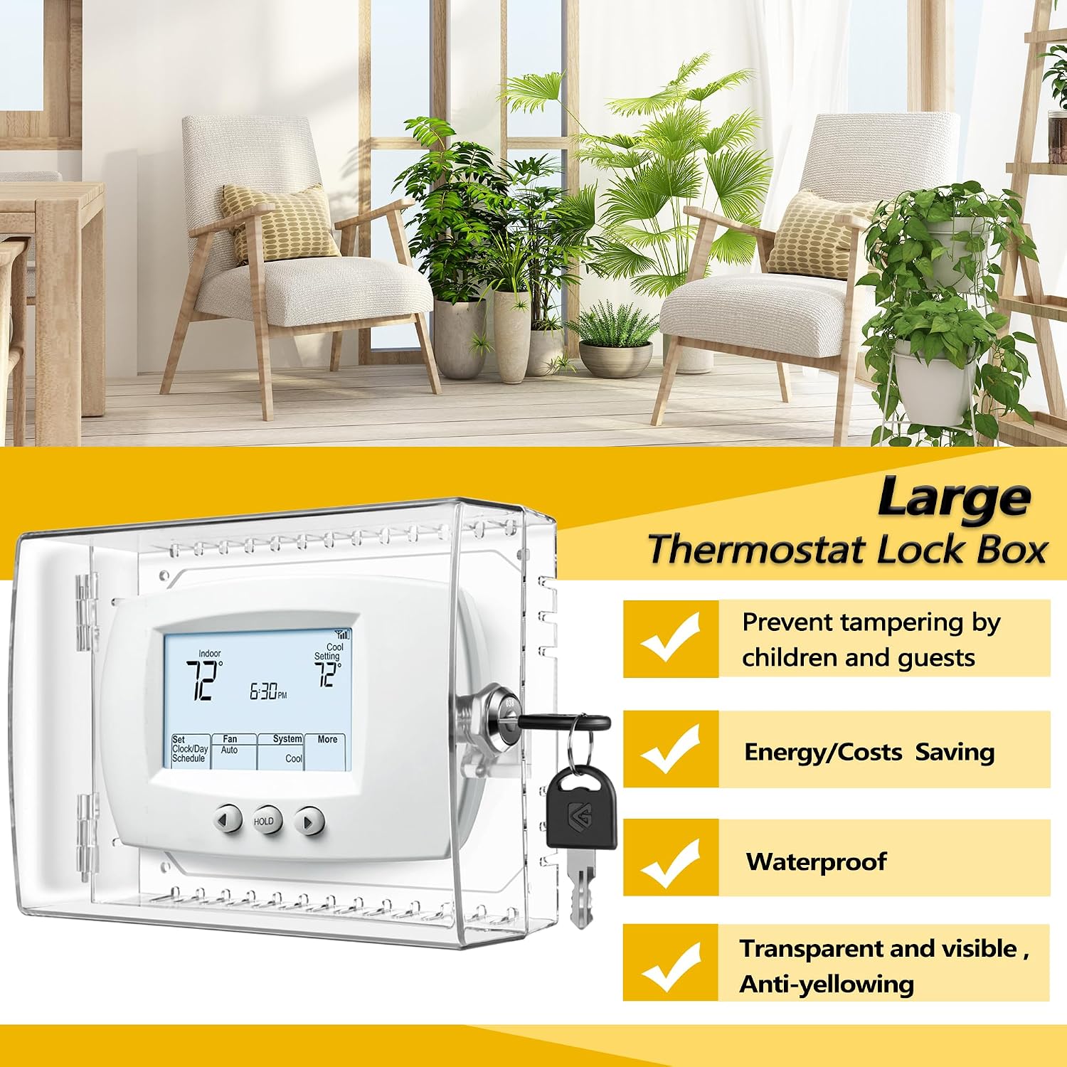 TRJ Large Thermostat Lock Box with Key, Clear Thermostat Cover with Lock for Thermostat on Wall, Lockable Thermostat Lock Box Cover, AC Lock Box Cover with Key Fit Thermostats 4" H x 6" W or Smaller