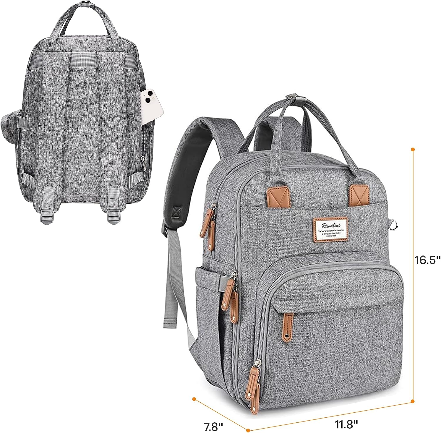 RUVALINO Diaper Bag Backpack-Multifunction Travel Baby Diaper Bag with Changing Pad, Insulated Bottle Holders & Pacifier Case, Large Capacity, Waterproof, Gray