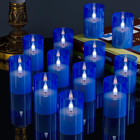 12Pack Flameless LED Candles with Timer, Battery Operated, Blue, 2"x3"