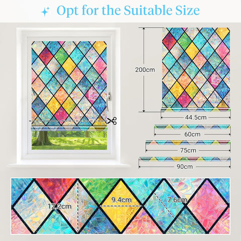 Haton Stained Glass Window Film, Rainbow Lattice Stickers, 29.5" x 157.4"