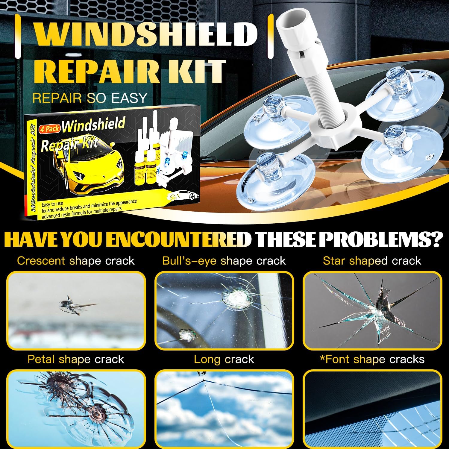 Windshield Crack Repair Kit, Windshield Repair Kit for Chips and Cracks, 4 Pcs Car Glass Repair Kit, Cracks Gone Glass Repair Kit Automotive Quick Fix for Chips, Cracks, Bullseyes (Yellow)