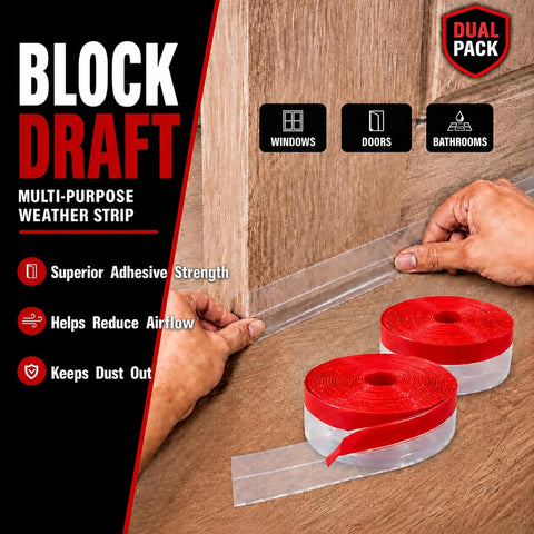 Clear Weather Stripping Seal Strip for Doors and Windows - Draft Stopper for Frames, Glass & Gaps | Transparent Silicone Insulation Seal (35mm Wide, 10M / 33Ft Total, 2-Pack)