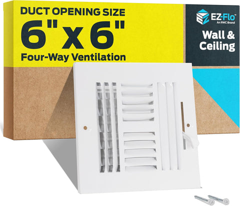 EZ-FLO 6 x 6 Inch (Duct Opening) Air Vent Cover for Wall or Ceiling, Four-Way Ventilation Register, Solid Steel HVAC Register Cover, White, 61617