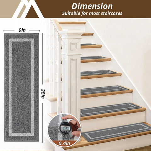 COSY HOMEER Soft Stair Treads 15pcs Non-Slip Carpet Mat 28inX9in,Grey
