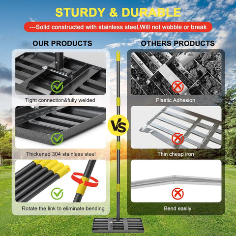 Lawn Leveling Rake - Heavy Duty 17"x10" Stainless Steel Lawn Leveler | Adjustable 28-72" Handle, Reinforced Welds & Smooth Edge for Soil, Dirt,Ground,Yard Top Dressing,Landscaping