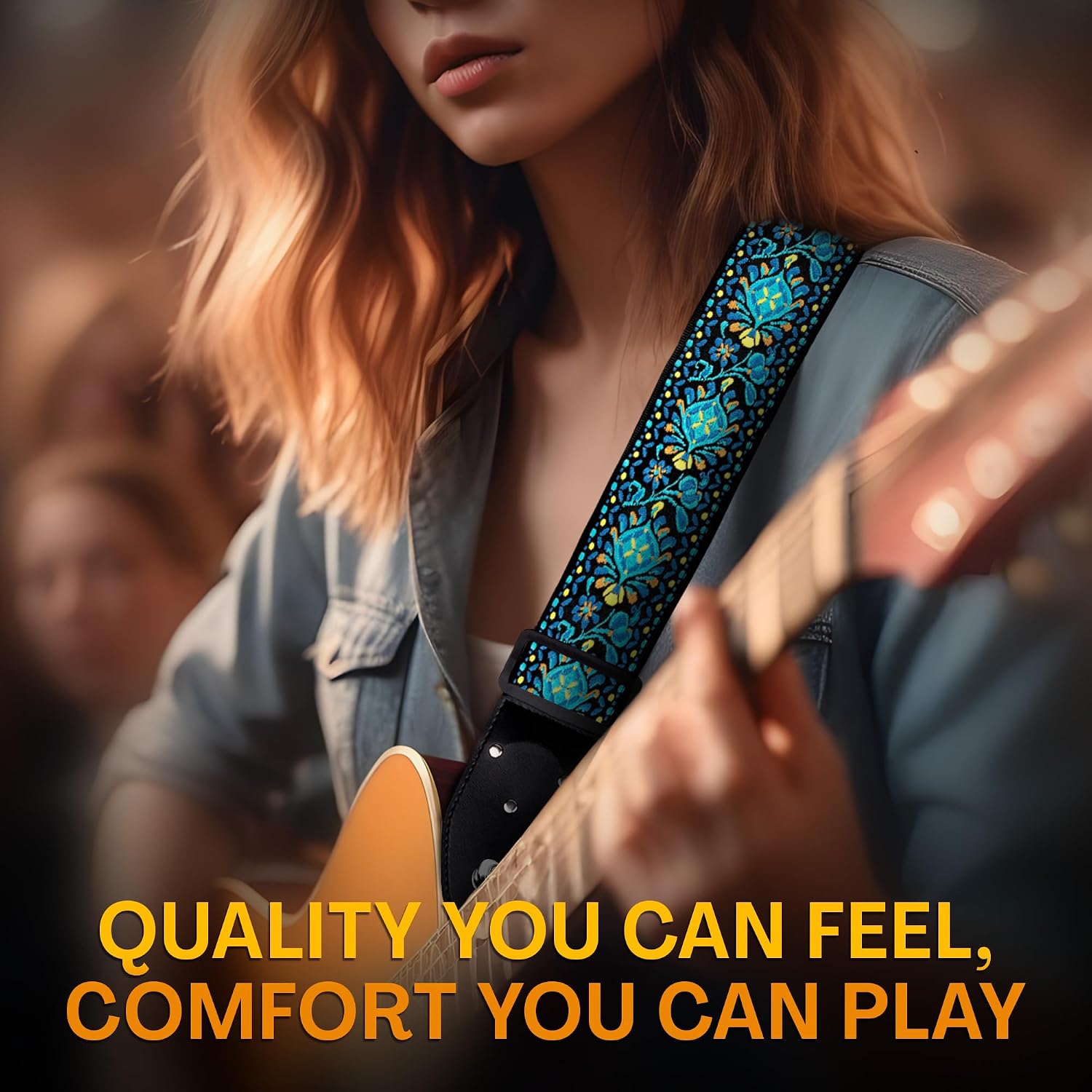 Art Tribute Guitar Strap For Acoustic, Electric and Bass Guitars, Adjustable Padded Leather Ends Guitar Straps For Men and Women, Includes 2 Picks, Strap Locks and Strap Button, Blue