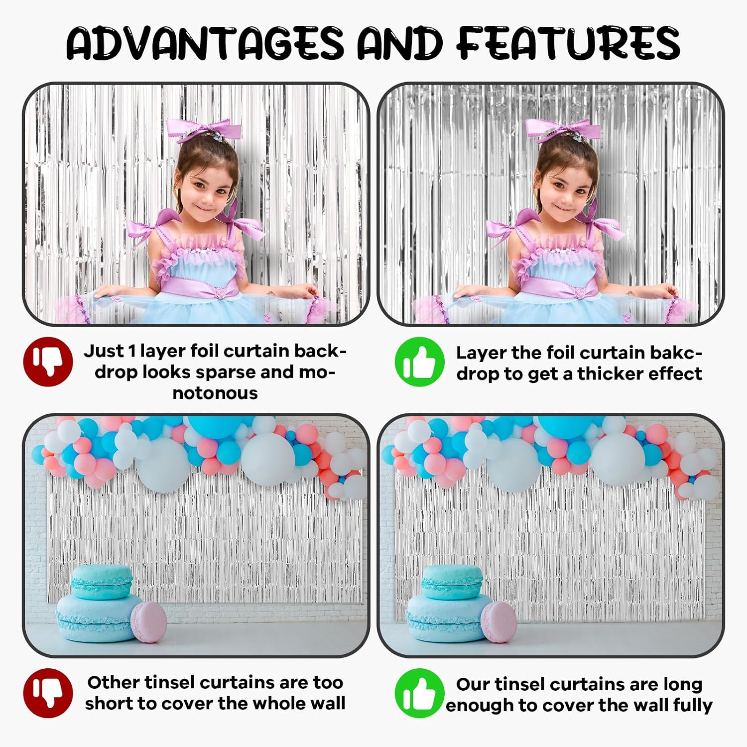 Voircoloria 2 Pack Silver Foil Fringe Backdrop Curtains, 3.3x8.2 Ft
