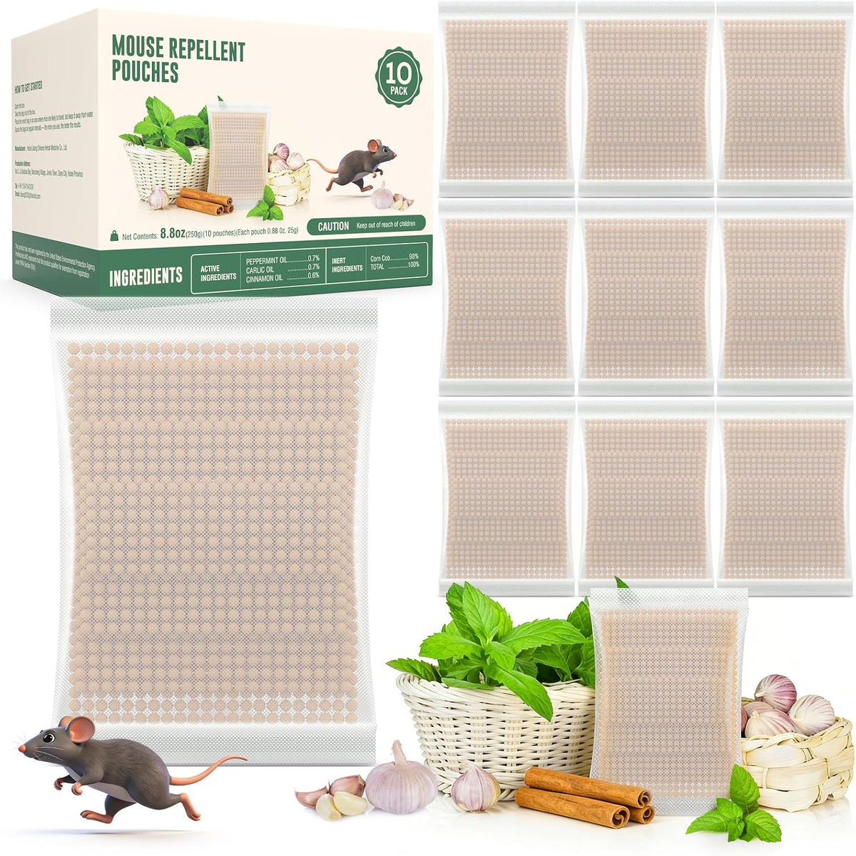 2026 New Pest Repellent Pouches, Peppermint Oil for Rodent, Mouse, Rats, Spider, Squirrel, Pest Control Indoor & Outdoor, Natural Mouse Deterrent Replace Traps Family & Pet Safe(10 Pack)