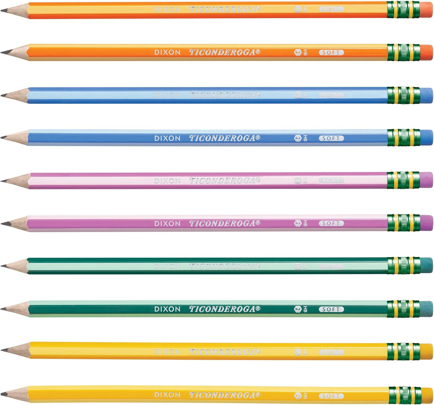 Ticonderoga X13910 Striped Wood-Cased Pencils, 2 HB Soft, Pre-Sharpened, 10 Count, Assorted Colors
