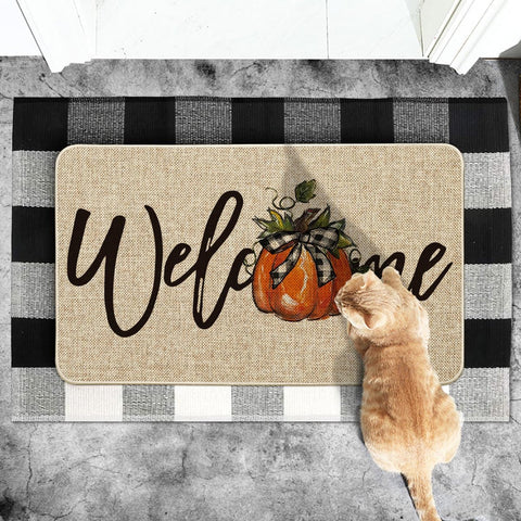Artoid Mode Bow Tie Pumpkin Fall Welcome Doormat, Autumn Home Decor Low-Profile Switch Rug Door Mat for Indoor Outdoor 17x29 Inch