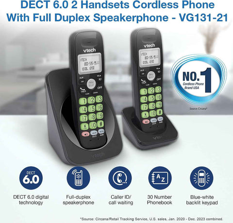 VTech 2-Handsets Cordless Phone with DECT 6.0, Full-Duplex Speakerphone, Lighted Display, Backlit Keypad, Caller ID/Call Waiting, Volume Control, Hearing Aid Compatible, Wall Mount | VG131-21 (Black)