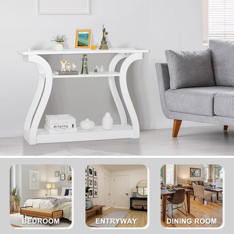 SUPER DEAL 47 in Narrow Console Table, 3 Tier Entryway Table, Wood Sofa Table Decorative Hallway Table with Shelves, Curved Frame for Living Room Front Door Entrance (White, Flat Surface)