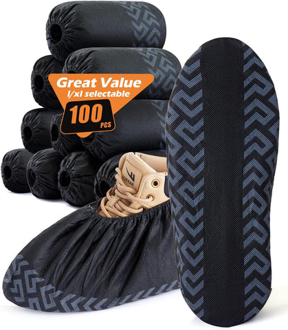 X-Large 100 Pcs Shoe Covers Disposable Non-Slip, Breathable Shoe Covers for Indoors, Slip-resistant, Durable, Non-Woven Booties for Shoes Covers,Stretchable Fits Up To13 US Men,Black